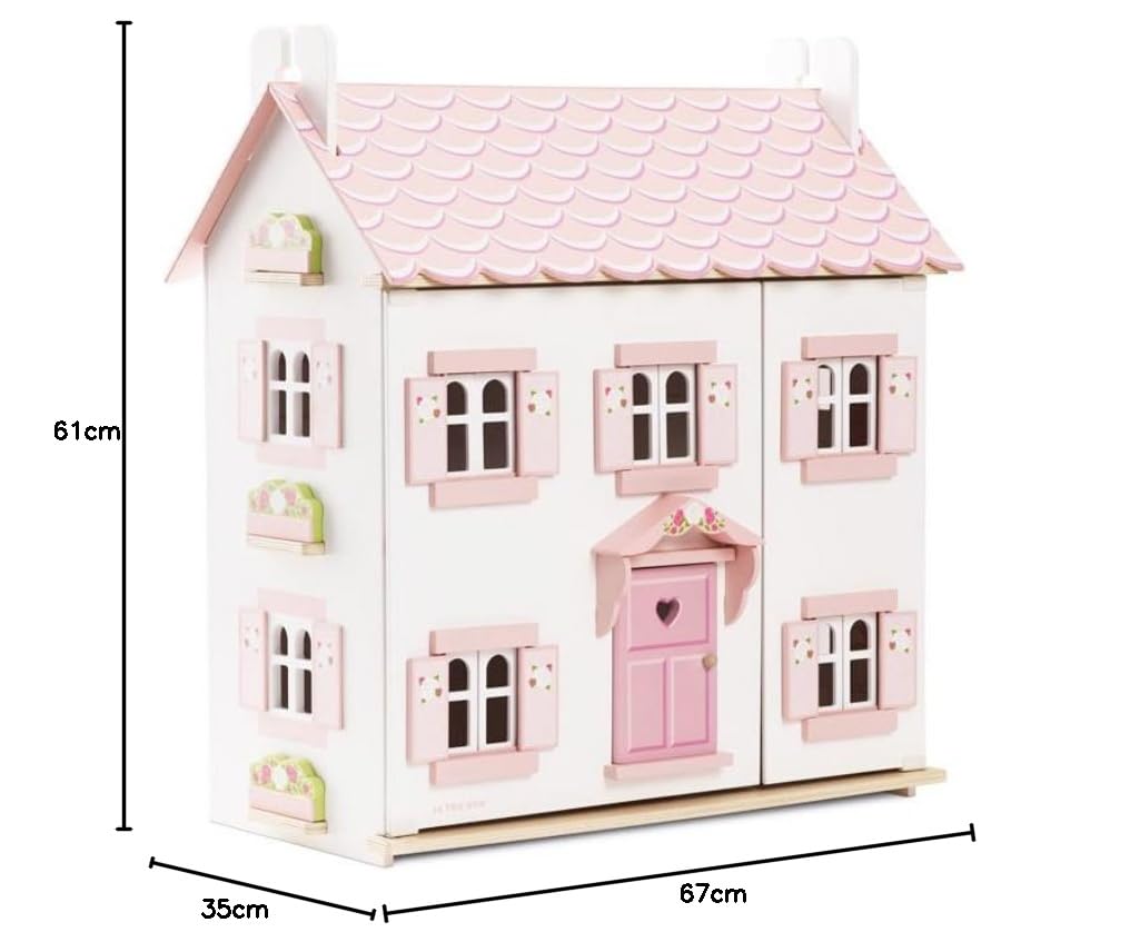 Le Toy Van - H104 - Dollhouse Sophie z drewna z certyfikatem FSC, 3 lata, dla dziewczynki, 3 kondygnacje, l 61 x p 35 x h 67 cm, z wewnętrznymi schodami, okiennicami, oknami i otwieranymi drzwiami,