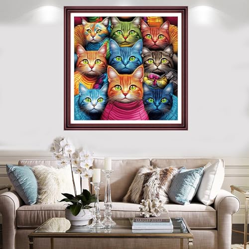 Image of Redxing Stamped Cross Stitch Kits Full Range of Embroidery Starter Kits- Needlepoint Counted Cross Stitch Kits for Beginner Adults 11CT Printed Embroidery Kit-Abstract Cat 18x18 inch