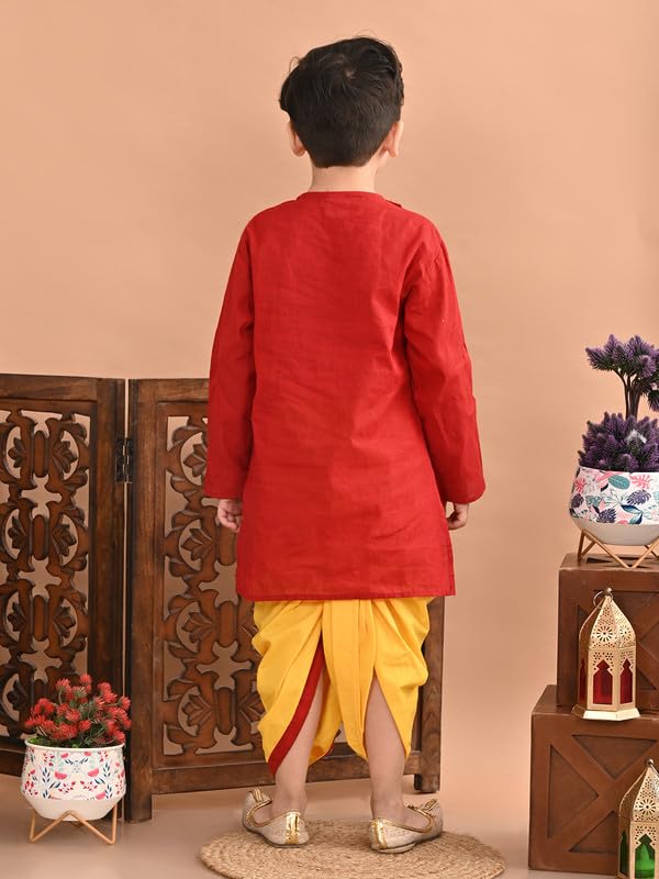 Image of superminis Baby Boy's Handloom Cotton Kurta With Embroidery Around The Neck And Contrast Color Dhoti Clothing Set