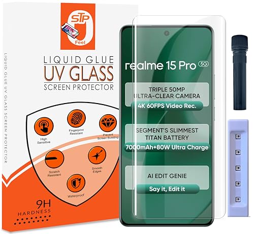 Image of UV Advanced Tempered Glass Screen Protector Guard Compatible For Realme 15 5G / Realme 15 Pro 5G (6.8 Inch, Pack of 1) Full Adhesive UV Curved Case Friendly HD Clarity