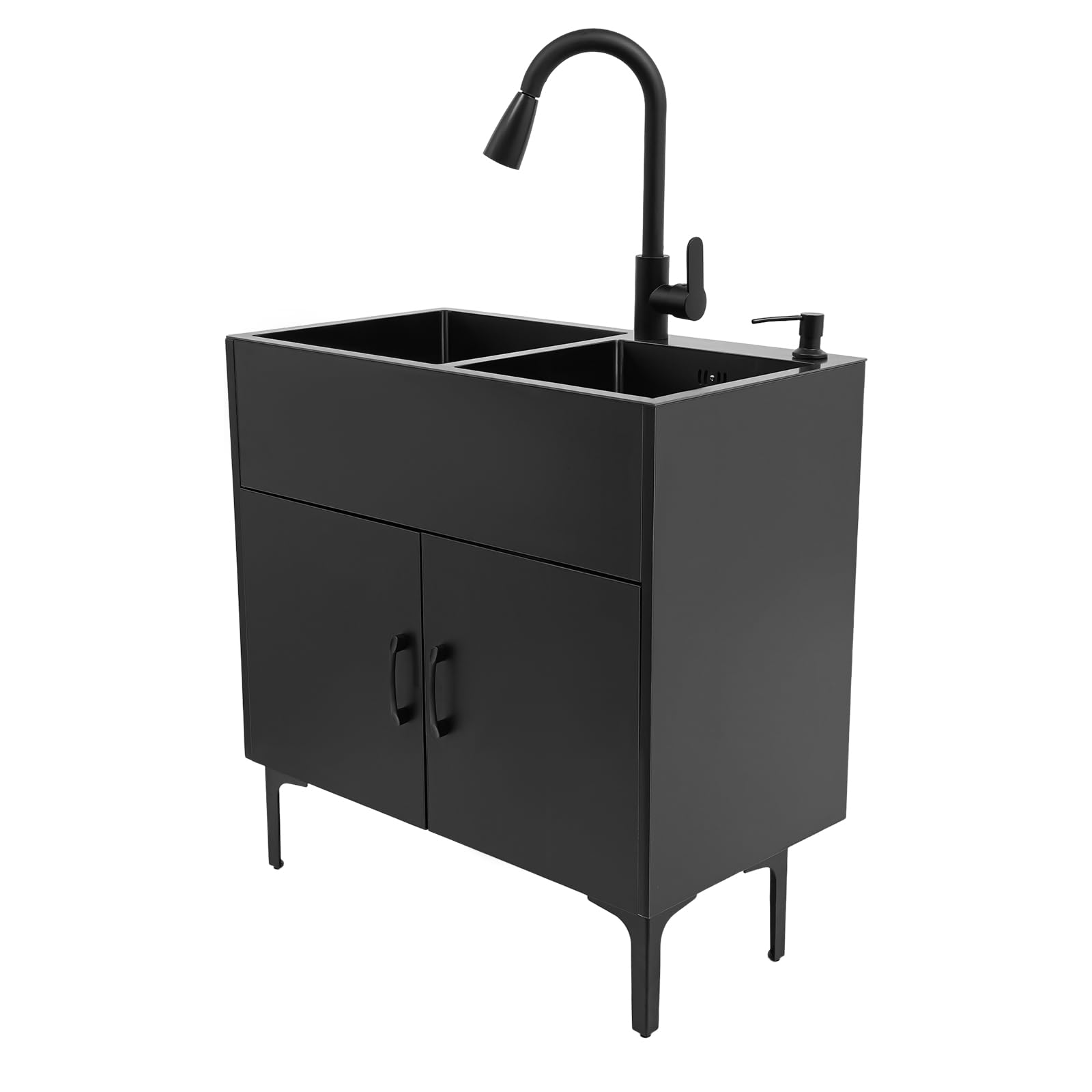 Lavello da cucina autoportante in acciaio inox con 2 vasche da 75 x 41 cm, lavello nero con rubinetto estraibile e mobiletto inferiore, per cucina domestica, giardino, esterni, lavanderia