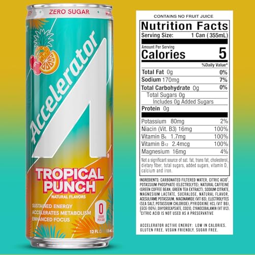 Image of Accelerator Active Energy Drink, Tropical Punch, 12oz can (12 pack) | Zero Sugar, Sustained Energy from 100% Natural Caffeine (200mg from Green Coffee Bean & Green Tea extract)