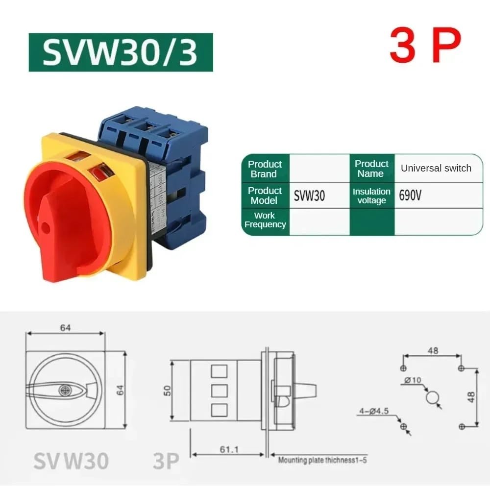 Changeover Switch 3P 4P 690V 25/32/40/63/80/100A Padlock Disconnect Selector with ON-Off Panel Power Control Replace LW30(4P,32A)