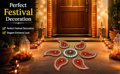 Image of Multi Designer Handcrafted Decorative Diwali Rearrangable Kundan Rangoli for Floor Decoration - 7 Piece Set