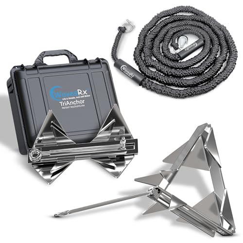 WAVESRX 7lb TriAnchor - Stainless Steel Folding Anchor with 14ft AnchorMate Bungee Line (14'-50') | Effortless Anchoring for Jet Skis, Dinghies & Skiff Boats | Unique Folding Design with Storage Case