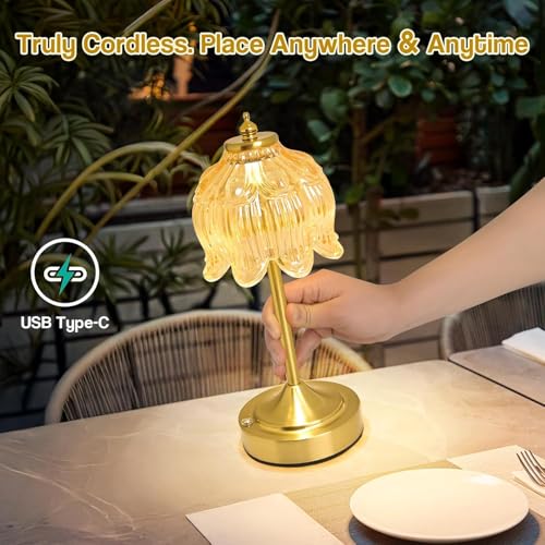 Image of NYRWANA Flower Rechargeable Cordless Glass Table Lamp | 2000mAh Battery | 3 Colour Touch Control, Stepless Dimming, USB-C Charging | Metal Gold Bedside Lamp for Bedroom, Living Room, Home Decor