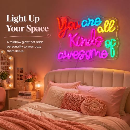 Image of inchYou Are All Kinds of Awesome inch Classroom LED Neon Sign | Classroom neon sign,14.6 inch x 10.8 inch, Wall Decor, Positive Affirmation Light, Girls' Bedroom & Dorm, Self-Care Aesthetic