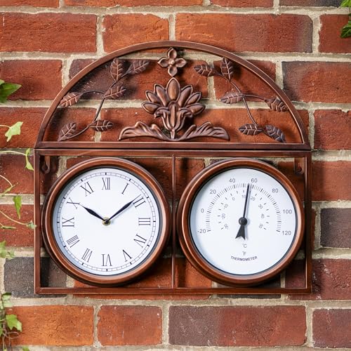 Highgrove Garden Wall Clock & Thermometer Weatherproof Outdoor Clock Powder Coated Steel Classic Floral Design Durable Weather Resistant Black or Cream (Copper)
