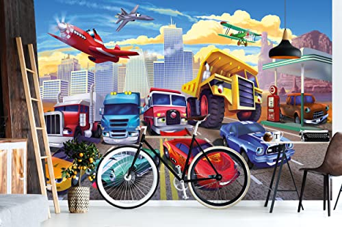 GREAT ART® Papier Peint chambre d'enfant - voitures de style bande dessinée - décoration avion aventure pompiers voiture de sport voiture cabriolet (336 x 236 cm)