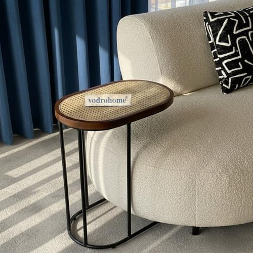 Image of Charcoal Rattan Cane Side Table with Glass top - Bohemian Solid Mango Wood Cane Iron Sofa Side end Table - Wood and Cane Nesting Table S#047 (Honey 1)