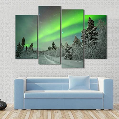FACAICAI 4 Teilig Bilder Wandbild Polarlicht Im Winter Hd Druck 4 Panel Painting Cover