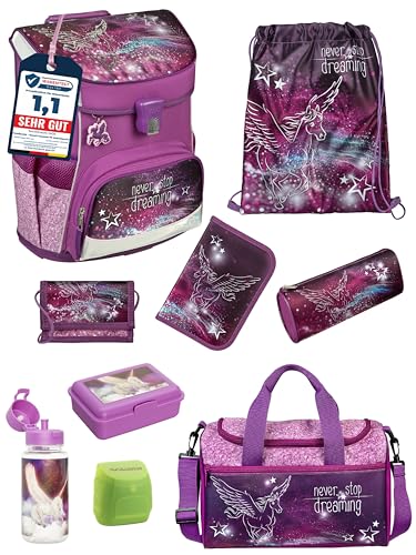 Familando - Scooli Campus Fit Schulranzen Set - 9-teilig mit Sporttasche - Pegasus Violett - Ergonomisch, Stabil & 980g leicht - 18L Volumen - Brustgurt & Reflektoren - Für Grundschule ab 1. Klasse