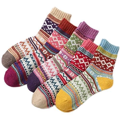 Winter Wool Blend Crew Socks, Fair Isle Pattern, Children's 5 Pairs, Multicolor