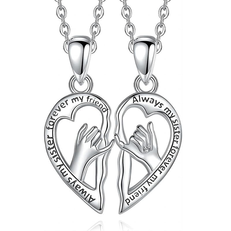 BFF Sister Friend Heart Pendant Necklace Set, Best Friends Split Heart Design, Sterling Silver Chain, 2 Pieces