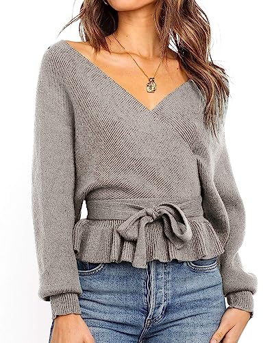 Image of ZESICA Women's Fall 2026 Wrap V Neck Long Batwing Sleeve Belted Waist Ruffle Knitted Sweater Pullover Top