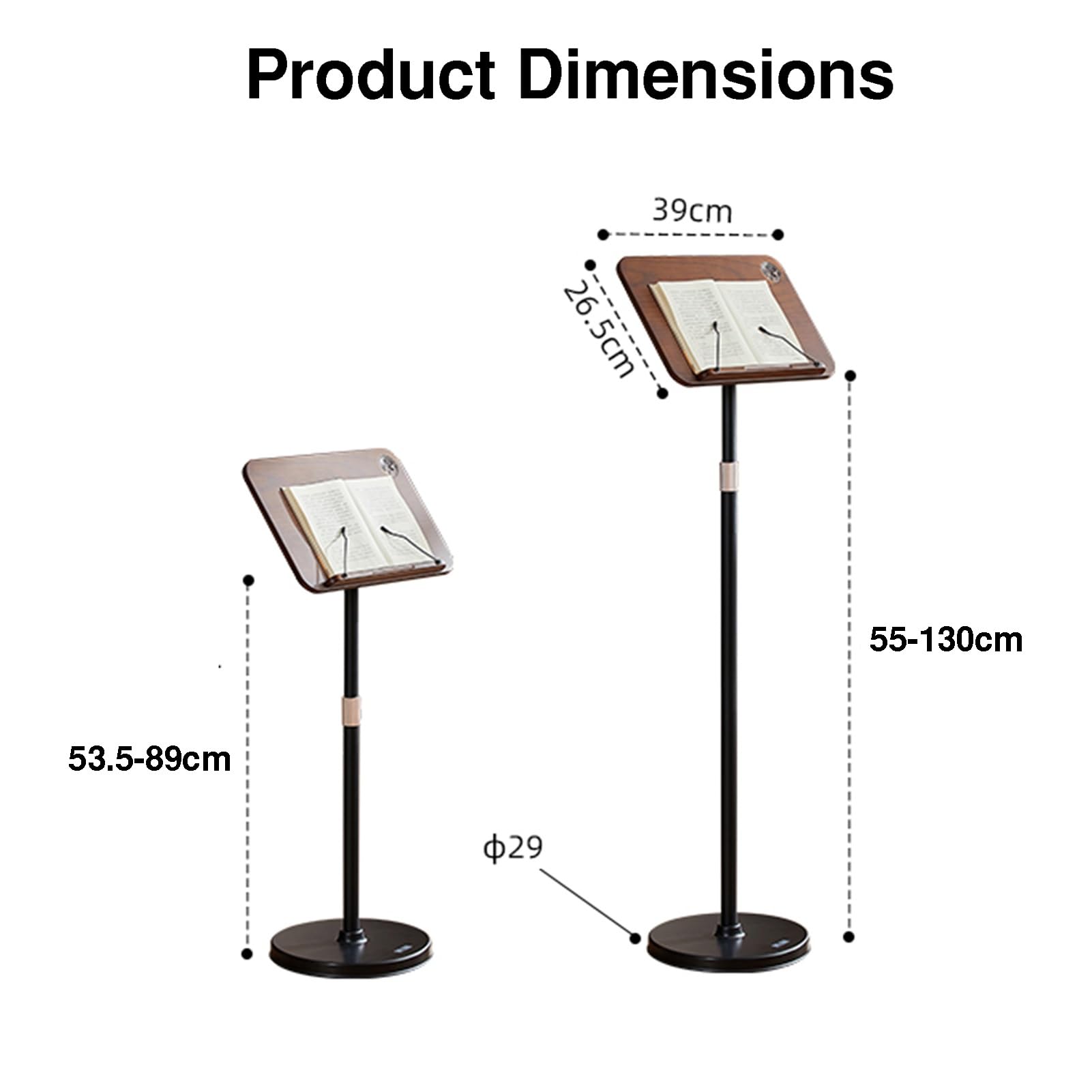 Genérico Soporte de pie Ajustable para Libros y portátiles, Atril para partituras con Clips elásticos para páginas, diseño ergonómico para una Lectura cómoda, soporta hasta 20 kg, Altura de 53,5 a 89