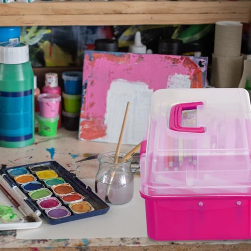 Image of YOKIVE Art Supply Storage Organizer, Art Tool Storage Box 3-Tray Craft Box Art Supplies Organizer with Handle Buckle for Brushes Paints Stamps, Trans Orange
