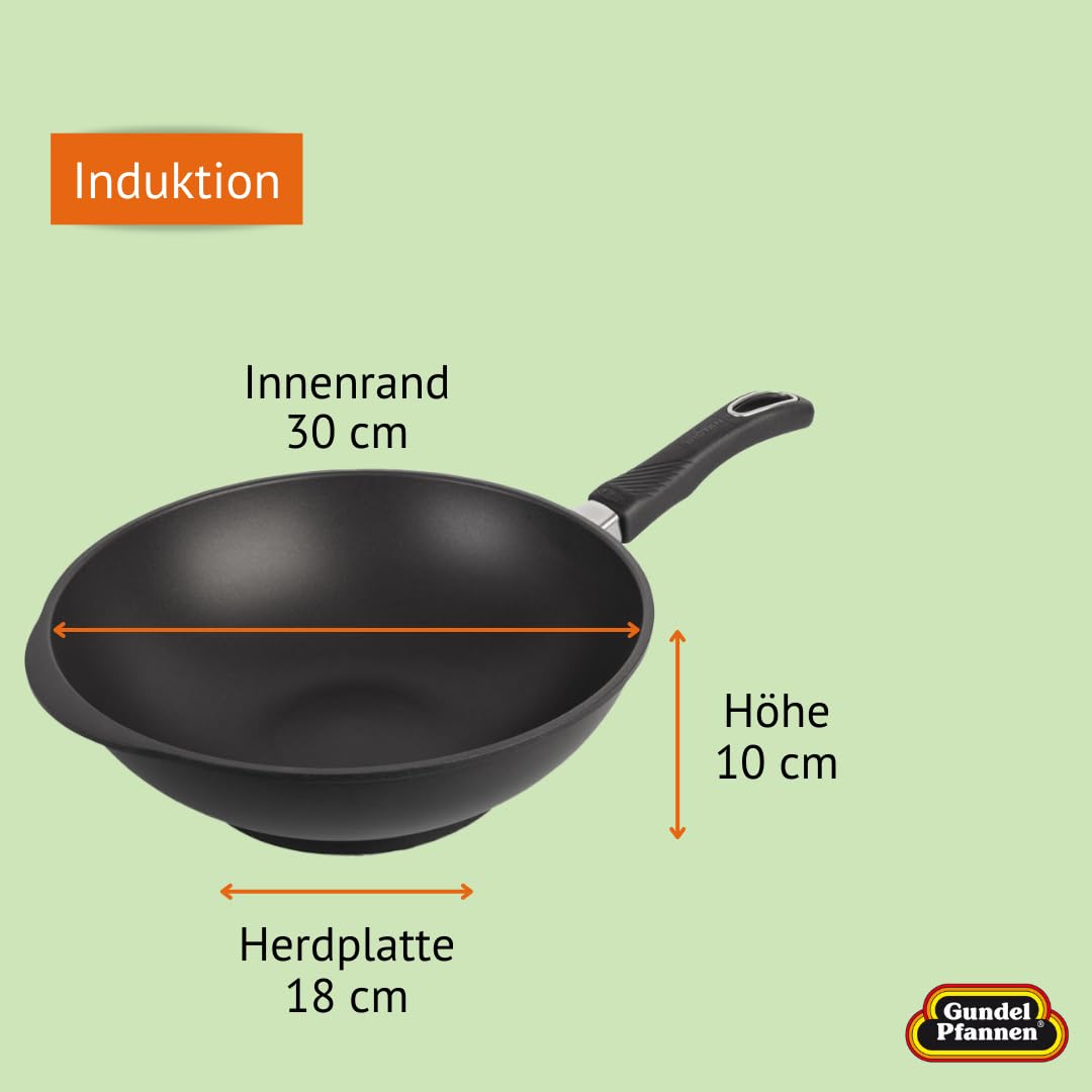 Original Gundel GUSS-WOK INDUKTION, Ø 30 cm, Höhe 10 cm, Rühr-Pfanne PFOA-frei, Akku-Therm Boden – fester Stiel
