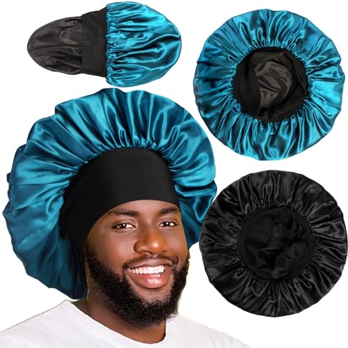 Image of 2pcs Bonnets for Men, Double Layer Hair Bonnet Satin Bonnet for Women Curly Hair Braids