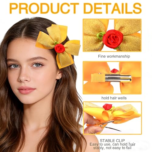 2 unidades Pinzas de cabello con moños princesa amarillo rosa para mujer, accesorios para disfraz de cumpleaños y Halloween miniatura 3