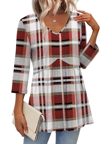 Image of OFEEFAN 3 /4 Length Sleeve Womens Tops 2026 Blouses for Women Dressy Casual Fashion Clothing V Neck Babydoll Tops Fall Outfits