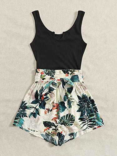 Shein Women's Summer Sleeveless Notched Neck Tropical Print Belted Shorts Tank Romper Jumpsuits Multicolor Black S #TOP4