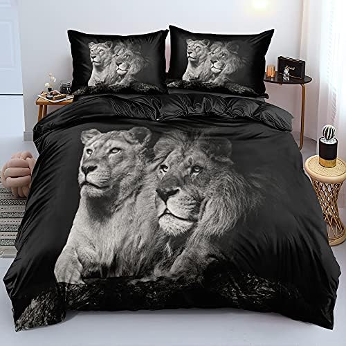 Holiyjog 3D Two Lions Duvet Cover Set California King Size Pillow Sham Wild Animal Lion Comforter Covers Black Color Bed Set Boys Bedroom Decorations