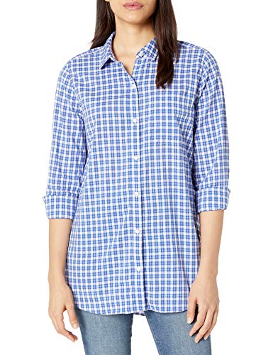 Amazon Brand - Goodthreads Women's Lightweight Poplin Long-Sleeve Oversized Boyfriend Shirt, Blue/Orange/White Plaid, Large