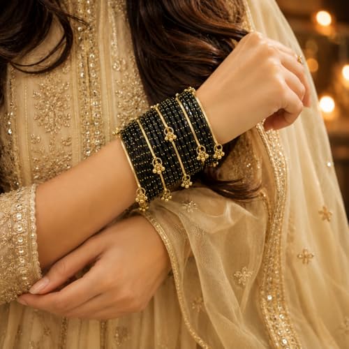 Image of Kaher Kashmiri Glass Bangle with gunghro Set for Women| Traditional, Fancy Glass Chudi Set for Festival, Wedding, and Party (Set Of 16)