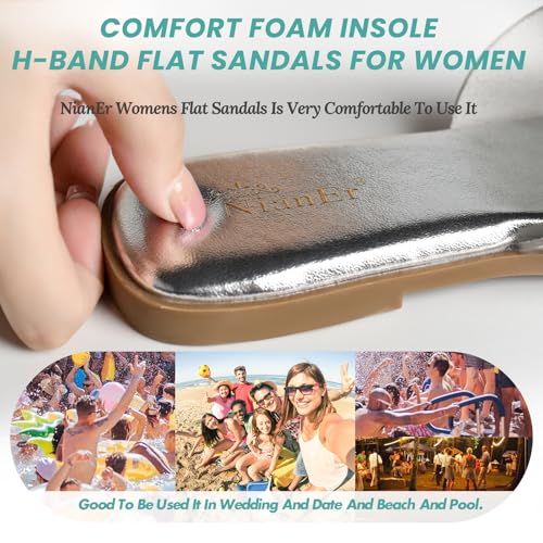 Image of NianEr Womens Microfiber Leather Memory Foam H Sandals Summer Shoes Slides | Flat, Comfortable, Slip On, Dressy, Dress, Beach, Vacation, Designer, Comfy, Casual, Bridal, Church, Boho, Office, Work
