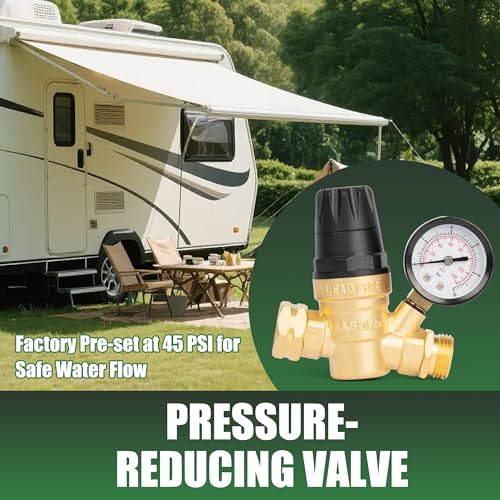 Image of U.S. Solid 3 /4 in GHT RV Water Pressure Regulator, Handwheel-Adjustable Lead-Free Brass, 45 psi Preset, 0-140 psi Gauge, Stainless Filter, for RV Camper Trailer and Garden Hose