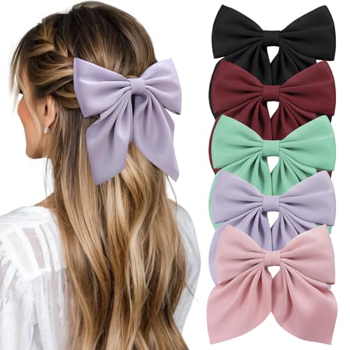 5Pcs Women Girls Hair Accessories, Satin Silk Medium Bow Clips in Puple, Black, Red Green and Pink - Ribbon Hair Accessories Barrettes for Gifts,Metal Bow Hair Clips