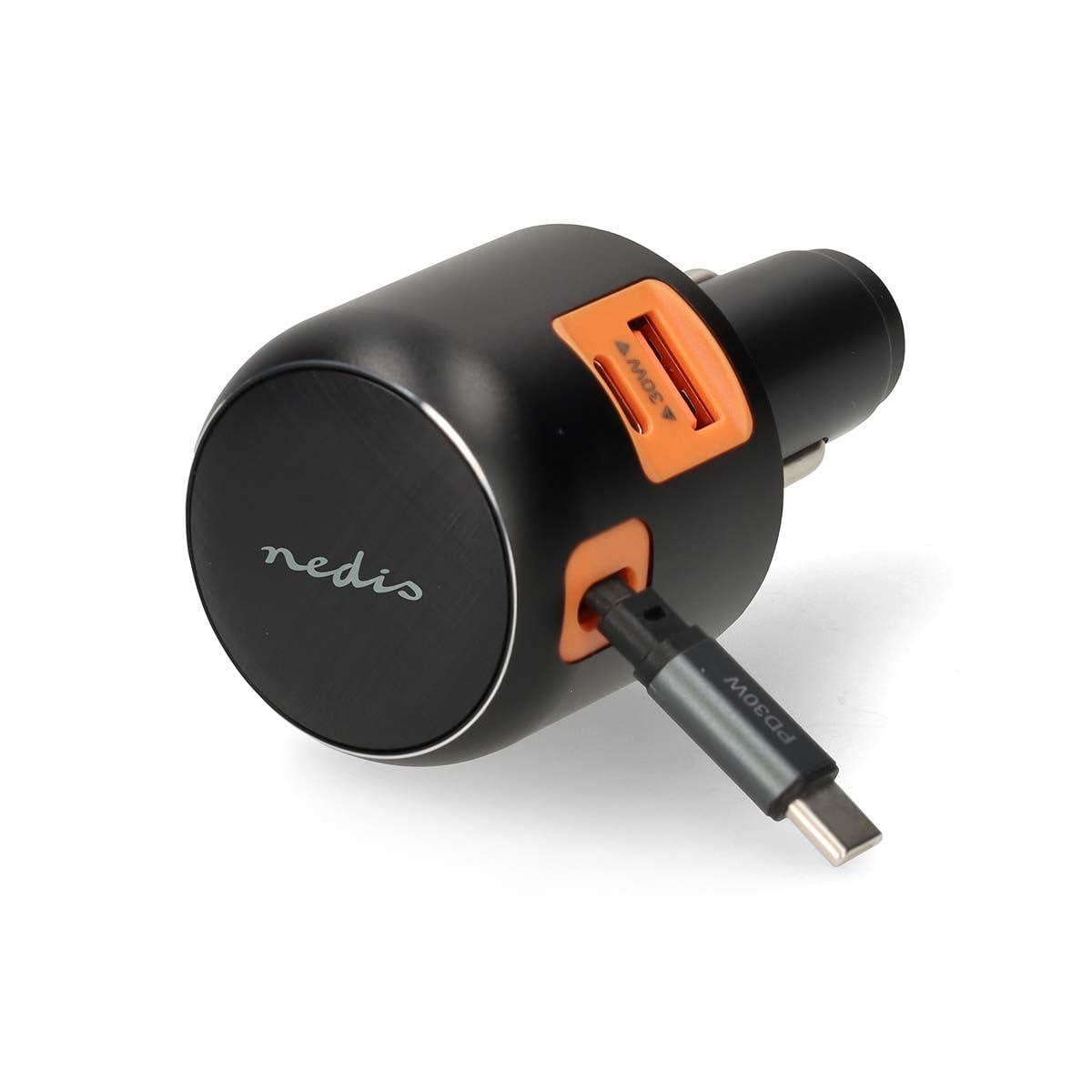 Nedis Ładowarka samochodowa 60 W z wysuwanym kablem USB-C, PD3.0 USB-C i USB-A ładowarka z zasilaniem 30 W, automatyczny wybór napięcia i PPS, 12 V lub 24 V - ciemnoszara