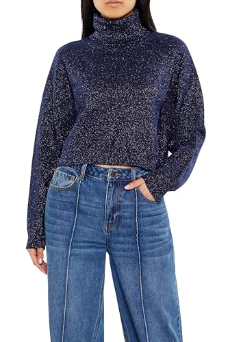 Forever 21 Damen Glitter Knit Turtleneck Sweater Pullover, Blau, Groß