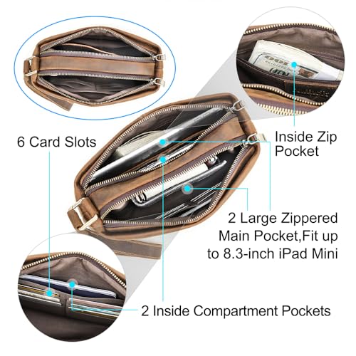 Contacts Full Grain Leather Double Zipper Clutch Bag for Men Travel Clutch Wallet Large Wristlet Purse with 6 Card Slots, Fit 8.3" iPad4