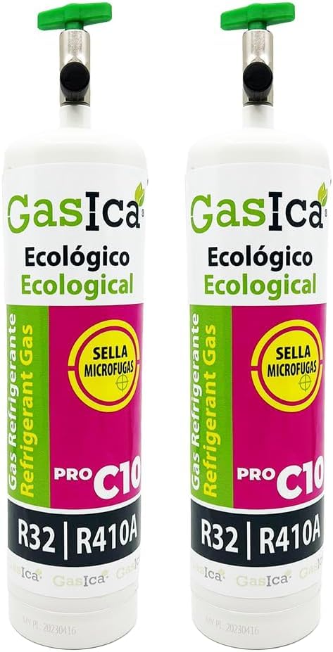 2x Envases GASICA C10 PRO - Gas Refrigerante Ecológico Orgánico - Equivalente a 1.6Kg de R410A y R32- Alternativa para R410A y R32-400g Neto por envase