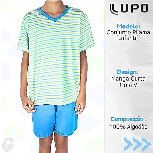 Conjunto de pijama Curto com Gola V e Listrado, Lupo, Meninos, Azul Claro, 2