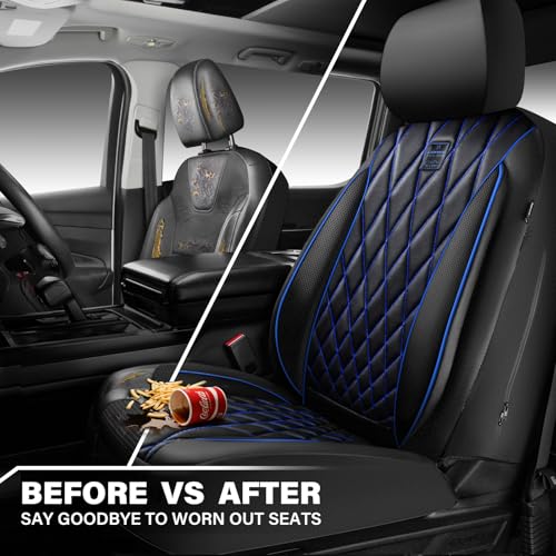 Image of CAR PASS Piping Luxury PU Leather Two Front Car Seat Covers,Waterproof Anti- Slip Seat Covers Compatible with Front Seat Armrests,Universal Fit for Suvs,Vans,Trucks,Airbag Compatible(Black and Blue)