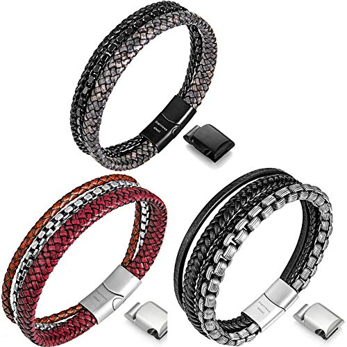 Speroto mens bracelets,leather steel bracelets in Red ,black and grey 8.7inch