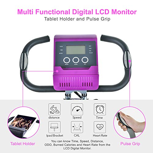 Folding Exercise Bike Portable Upright Adjustable Backrest Cycling Recumbent Stationary Bike Slim Indoor Workout Fitness Cardio Foldable Exercise Bicycle Machine with Pulse Sensor LCD Monitor Arm Resistance Bands