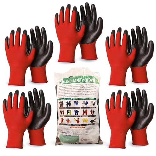 Image of Safety Gloves Heavy Duty Reusable Nitrile Coated Nylon Cotton Hand Gloves for Gardening - Home Work Safety - Industrial Use - Anti Cut Abrasion Proof Working Red Black Gloves (5 Pairs Pack)