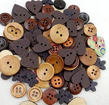 iKammo Wooden Buttons Christmas Wooden Sewing Button 2 Holes Compatible Kids DIY Scrapbooking Craft Decoration, Christmas Color,Mixed Size and Style Coffee Heart