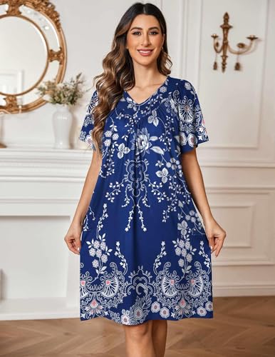 Image of Ekouaer Womens House Dress Floral Print Nightgown with Pockets Mumu Dress | V Neck Nightgowns for Women Pleated Short Sleeves Mumu Dresses Knee Length Moo Moo for Sleep, Daily Wear, Vacation, Party