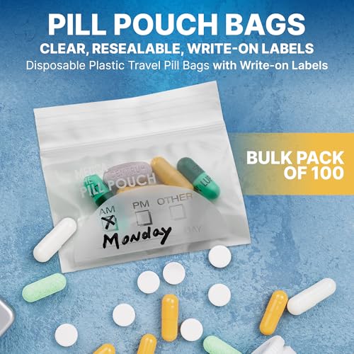 Image of Pill Pouch Bags - (Pack of 100) 3 inch x 2.75 inch Pill Baggies and Disposable Plastic Travel Pill Bags with Write-on Labels
