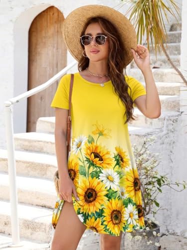 Image of Heymoments Women's Short Sleeve Crewneck Sundress Summer Casual A-Line Beach Dress with Pockets S-2XL