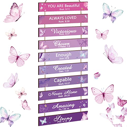 Image of PerKoop 10 Pcs Purple Butterfly Wall Decor Butterfly Wooden Hanging Wall Art Religious Purple Room Decor Inspirational Word Sign Wood Plaques for Women Gift Living Room Bedroom Nursery Door