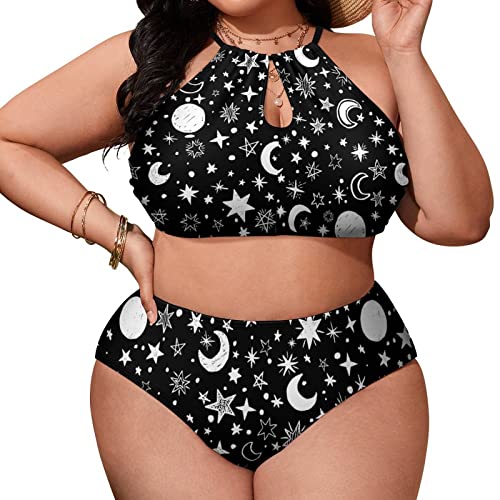 SEPTYK Black White Moon and Star Pattern Women Sexy Bikini 2 PC Plus Size Swimsuits Hollow Out High Neck Bathing Suit 2XL