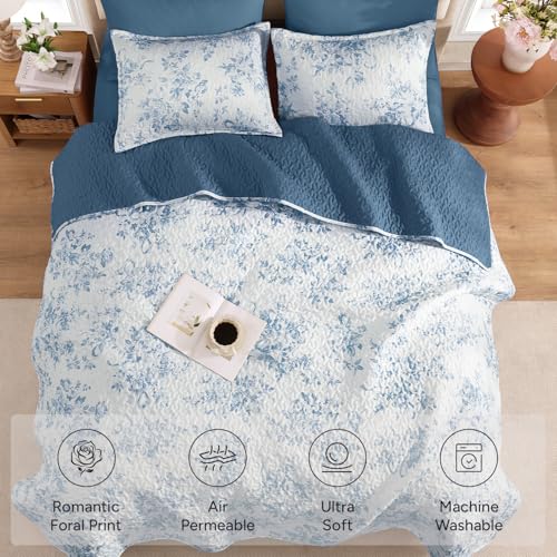 Image of Andency Quilt Queen Size, Blue Flower Bedspread Queen Size, 3 Pieces Soft Bedding Set, Lightweight Coverlet Set for All Season with 2 Pillowcases (96 inchx90 inch)