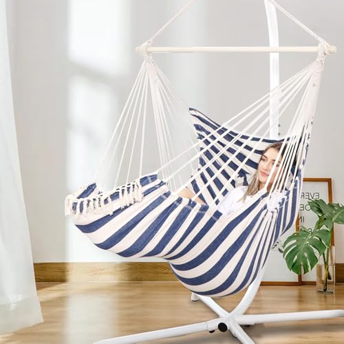 Image of Chihee Hammock Chair Hanging Chair with Foot Rest 2 Cushions Max 500lbs Robust Metal Spreader Bar Collapsible Easy Storage Soft Cotton Swing Chair Strong Strap Iron Carabiner Side Pocket Included