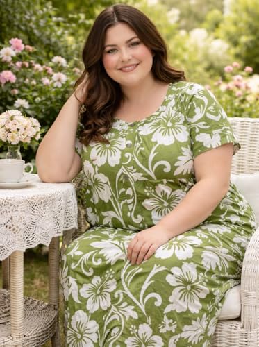Image of OFEEFAN Women's Plus Size Cotton Nighty, Printed Full Length Maxi Night Gown, Soft Breathable Nightdress Sleepwear for Curvy Women, 3XL to 7XL